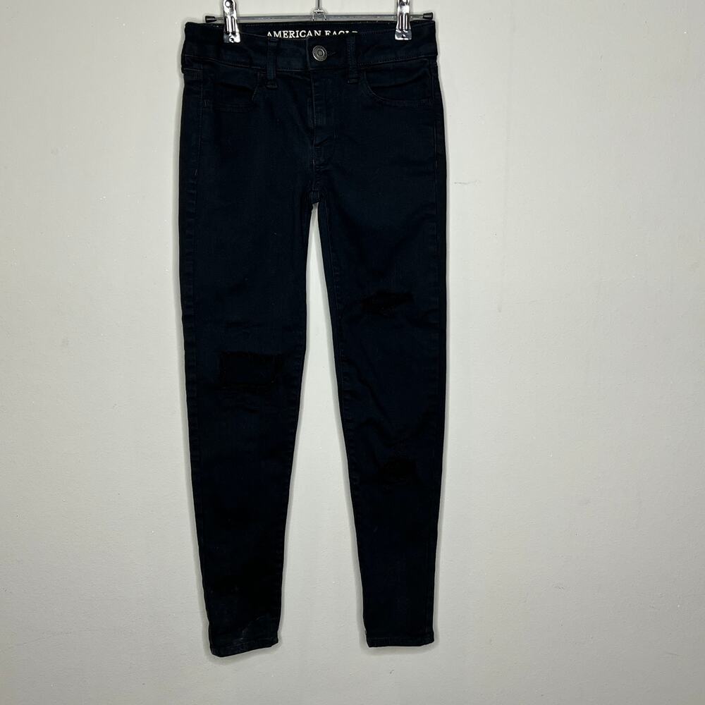 American Eagle Jeggings Women 00 Short Black Distressed Next Level Stretch